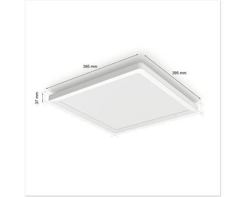 Čtvercové LED stropní svítidlo o rozměrech 395 mm x 395 mm x 37 mm.