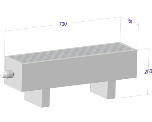Obrázek radiátoru o rozměrech 700 x 180 x 250 mm