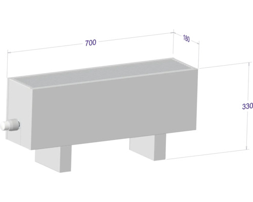 Radiátor s rozměry 700 x 330 x 180 mm.