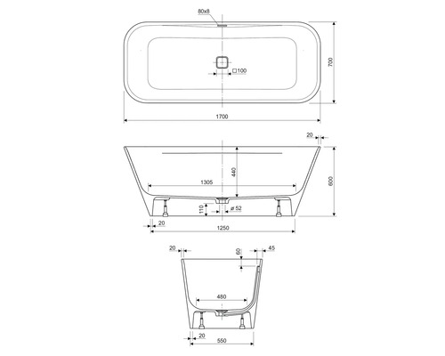 Technický nákres vany s rozměry