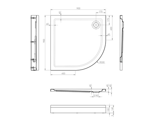 Technický výkres sprchové vaničky s rozměry