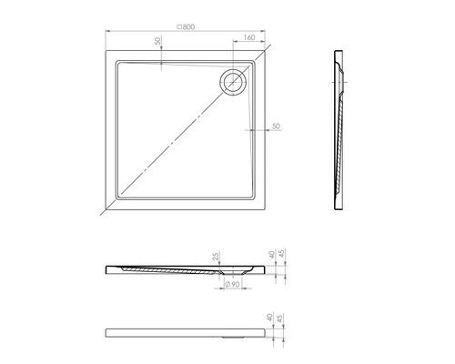 Technický nákres čtvercové sprchové vaničky s rozměry