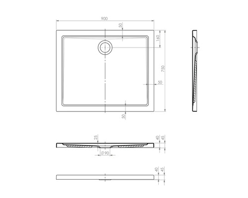 Technický nákres sprchové vaničky s rozměry