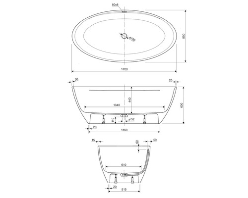 Technický nákres volně stojící vany s rozměry.