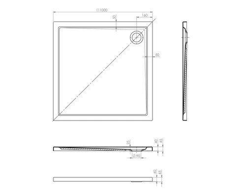 Technický výkres sprchové vaničky s rozměry