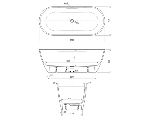 Technický nákres volně stojící vany s rozměry