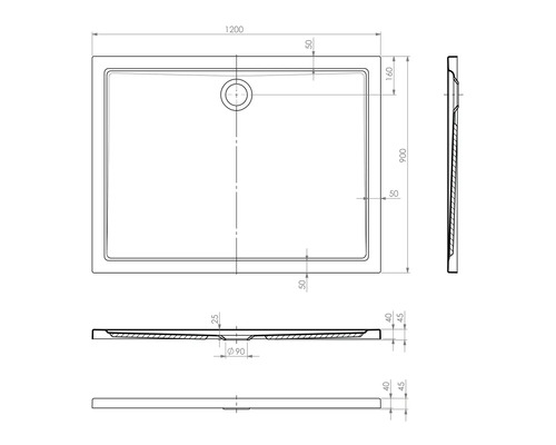Technický nákres sprchové vaničky s rozměry.