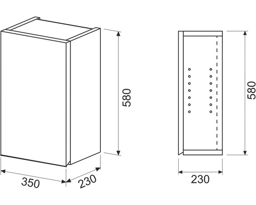 Nákres závěsné skříňky o rozměrech 580 x 350 x 230 milimetrů.