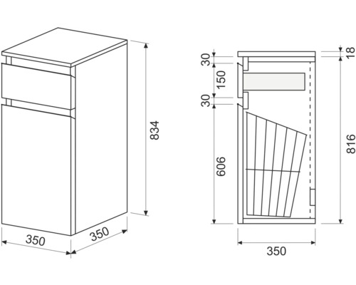 Technický nákres spodní skříňky se zásuvkou a rozměry 350 x 350 x 834 mm.