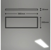 Technický nákres LED lampy o rozměrech 580 mm délka, 200 mm šířka a 30 mm výška.