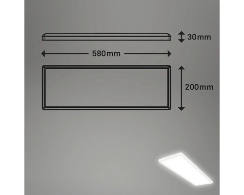 Technický nákres LED lampy o rozměrech 580 mm délka, 200 mm šířka a 30 mm výška.