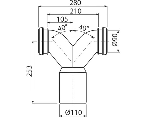 Technický nákres odbočky odpadní trubky s rozměry 280, 210 a 105 milimetrů a úhly 40 stupňů