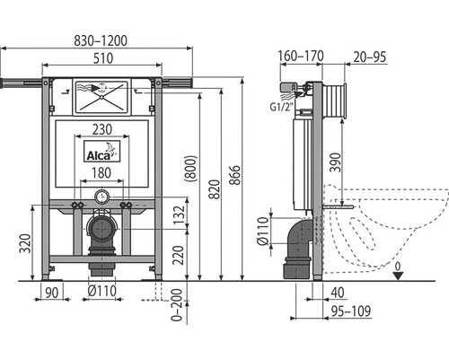 Technický nákres splachovací nádrže s rozměry