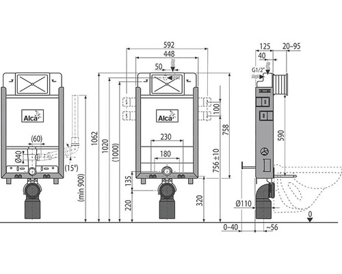 Technický nákres předstěnového instalačního prvku s rozměry