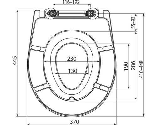 Technický nákres toaletního sedátka s rozměry