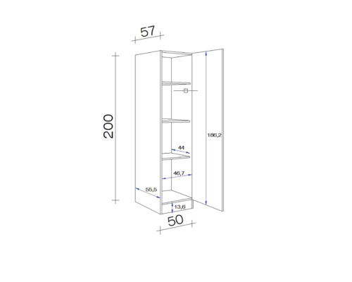 Technický nákres vysoké skříně s rozměry
