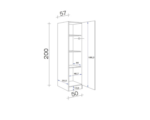 Technický nákres vysoké skříně s rozměry