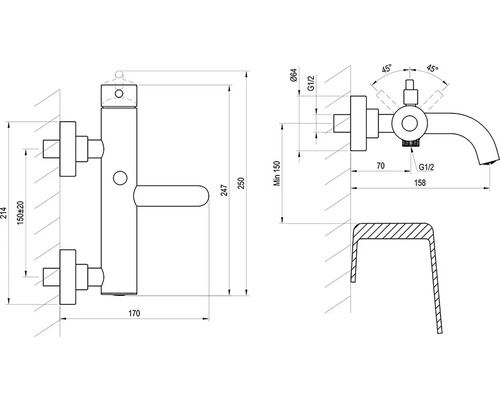Technický nákres armatury s rozměry