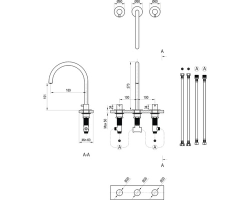 Technický nákres umyvadlové baterie s rozměry