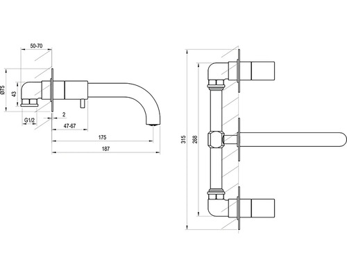 Technický nákres umyvadlové baterie s rozměry