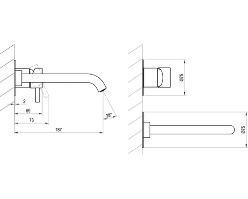 Technický nákres umyvadlové baterie pro montáž na stěnu s rozměry