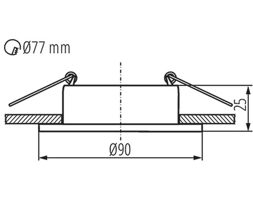 Technický nákres vestavného bodového svítidla o rozměrech 77 mm v průměru nahoře, 90 mm v průměru dole a 25 mm na výšku.