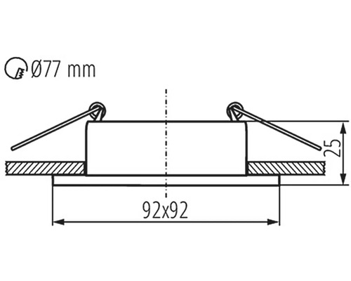 Technický nákres zapuštěného stropního svítidla o rozměrech 77 mm v průměru a 92 x 92 mm.