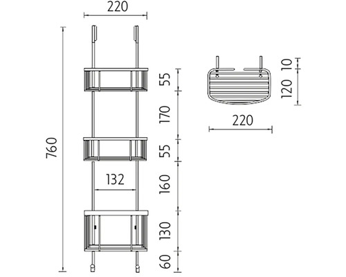 Technický nákres sprchové police s rozměry
