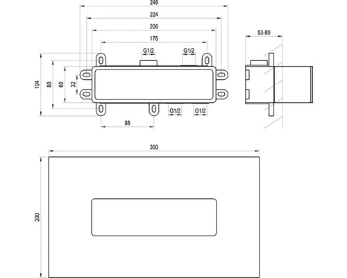 Technický výkres podomítkové krabice s rozměry
