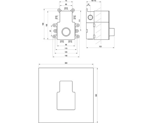 Technický výkres podomítkové krabice s rozměry