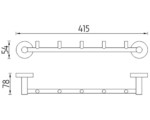 Technický nákres věšáku s pěti háčky a rozměry