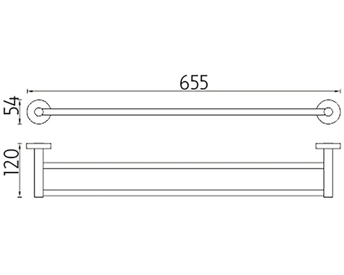 Technický nákres držáku na ručníky s rozměry 655, 54 a 120.