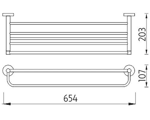 Technický nákres držáku na ručníky o rozměrech 654 x 203 x 107 mm.