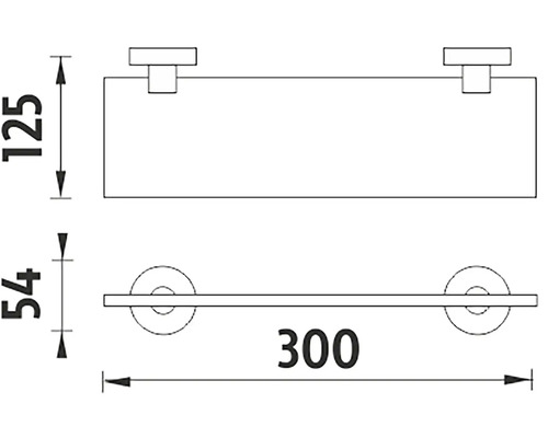 Technický nákres koupelnové police o rozměrech 125, 54 a 300 milimetrů