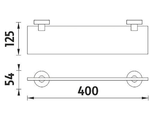 Technický nákres koupelnové police o rozměrech 125, 54 a 400.