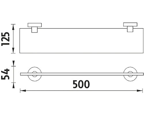 Technický nákres koupelnové poličky o rozměrech 500 x 125 x 54 milimetrů.