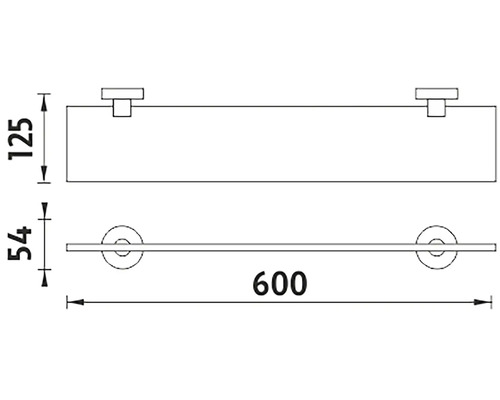 Technický nákres nástěnné police o rozměrech 125, 54 a 600 milimetrů