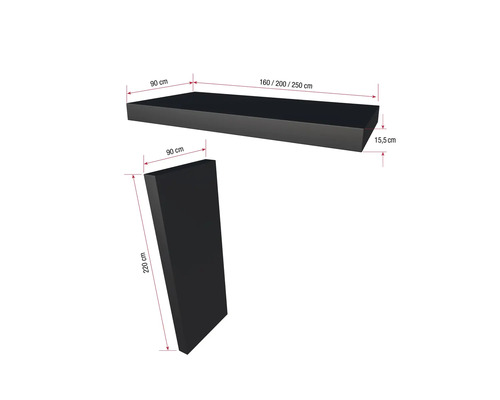 Obrázek produktu s rozměry: police a boční stěna o rozměrech 90 cm, 160/200/250 cm a 15,5 cm, respektive 220 cm.