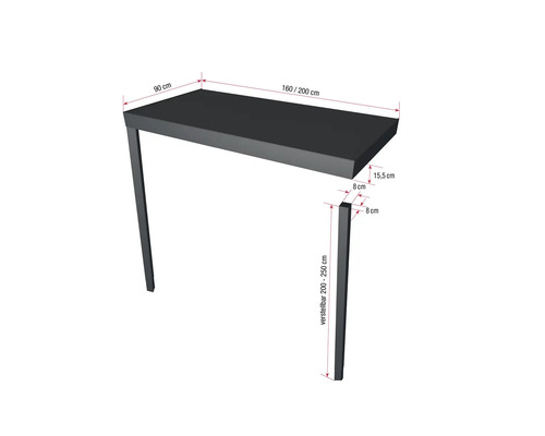 Znázornění výškově nastavitelného rámu barového stolu o rozměrech 90 x 160 až 200 centimetrů