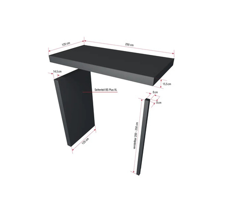 Zobrazení bočního panelu umyvadla BS Plus XL o rozměrech 125 x 14,5 cm, umyvadlové desky o rozměrech 250 x 125 x 15,5 cm a nastavitelné umyvadlové konzoly o rozměrech 200 až 250 x 8 x 8 cm.