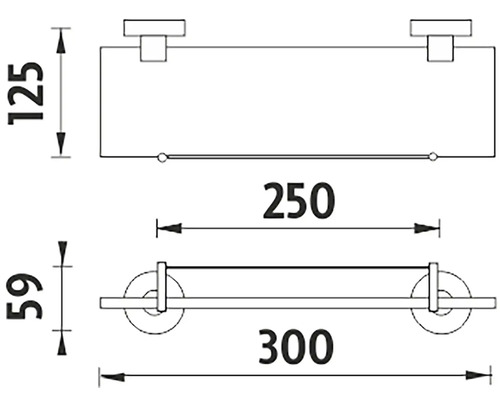 Technický výkres koupelnové police s držákem na ručníky a rozměry