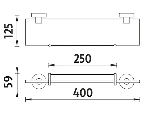 Technický nákres držáku na papírové role s poličkou a rozměry.