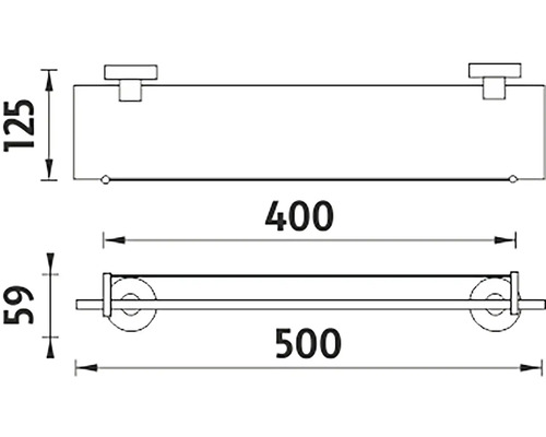 Technický výkres skleněné police o rozměrech 125, 400 a 500 milimetrů.