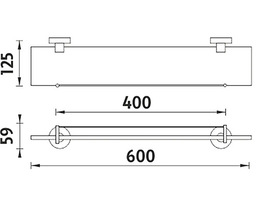 Technický nákres nástěnné police s držákem na ručníky a rozměry