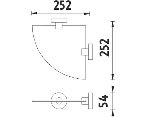 Technický nákres rohové police s rozměry