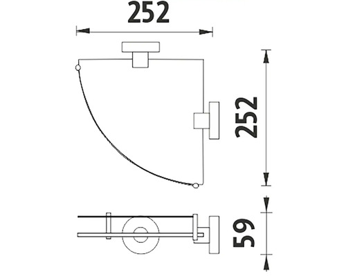 Technický nákres držáku toaletního papíru o rozměrech 252 x 252 x 59 milimetrů.