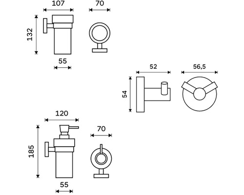 Technický výkres různých koupelnových armatur s rozměry