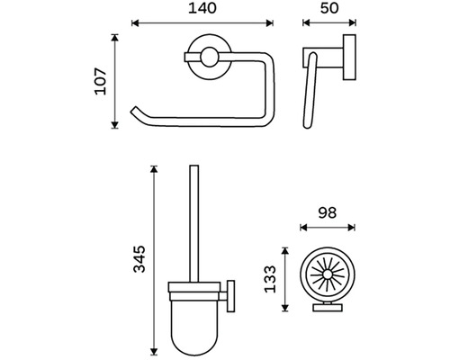 Technický výkres držáku toaletního papíru a sady toaletní štětky s rozměry