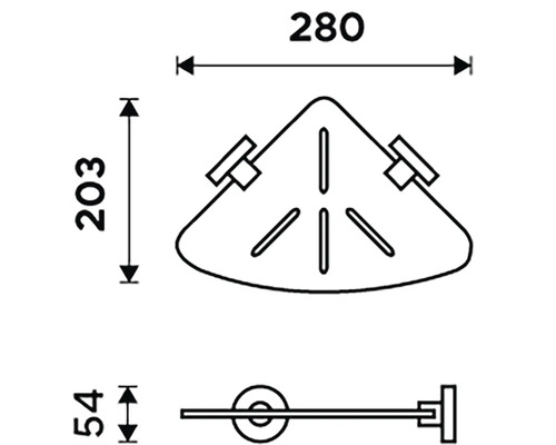 Technický nákres rohové police s rozměry