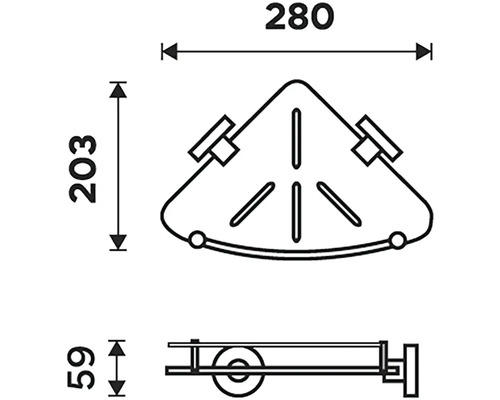 Technický výkres rohové police s rozměry